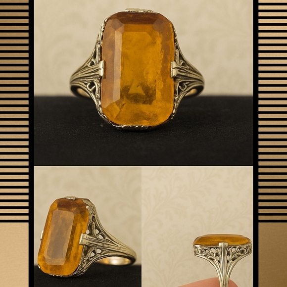 🗝️ Antique Edwardian Citrine Ring | c.1880s–1900s | 10k–14k Gold Filigree - Picture 13 of 15